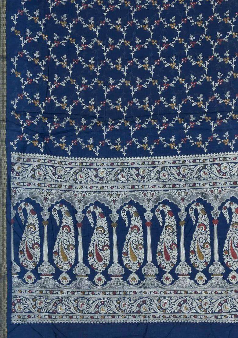Navy Blue Printed Synthetic Dola Silk Saree With Floral Motifs Zari Stripes For Women - Indya