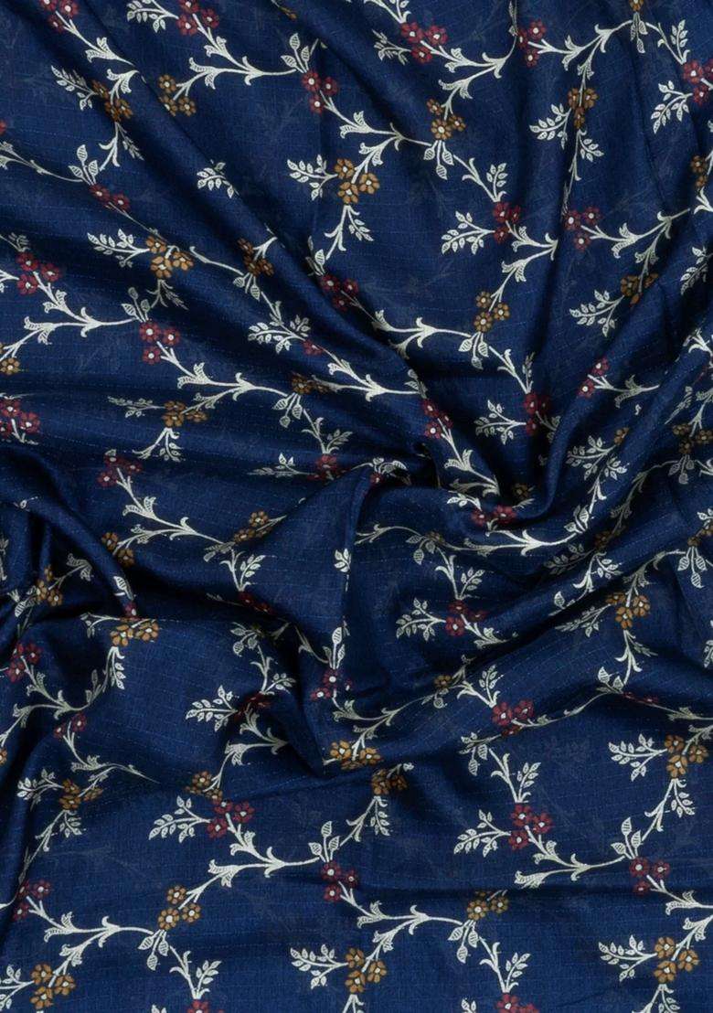 Navy Blue Printed Synthetic Dola Silk Saree With Floral Motifs Zari Stripes For Women - Indya