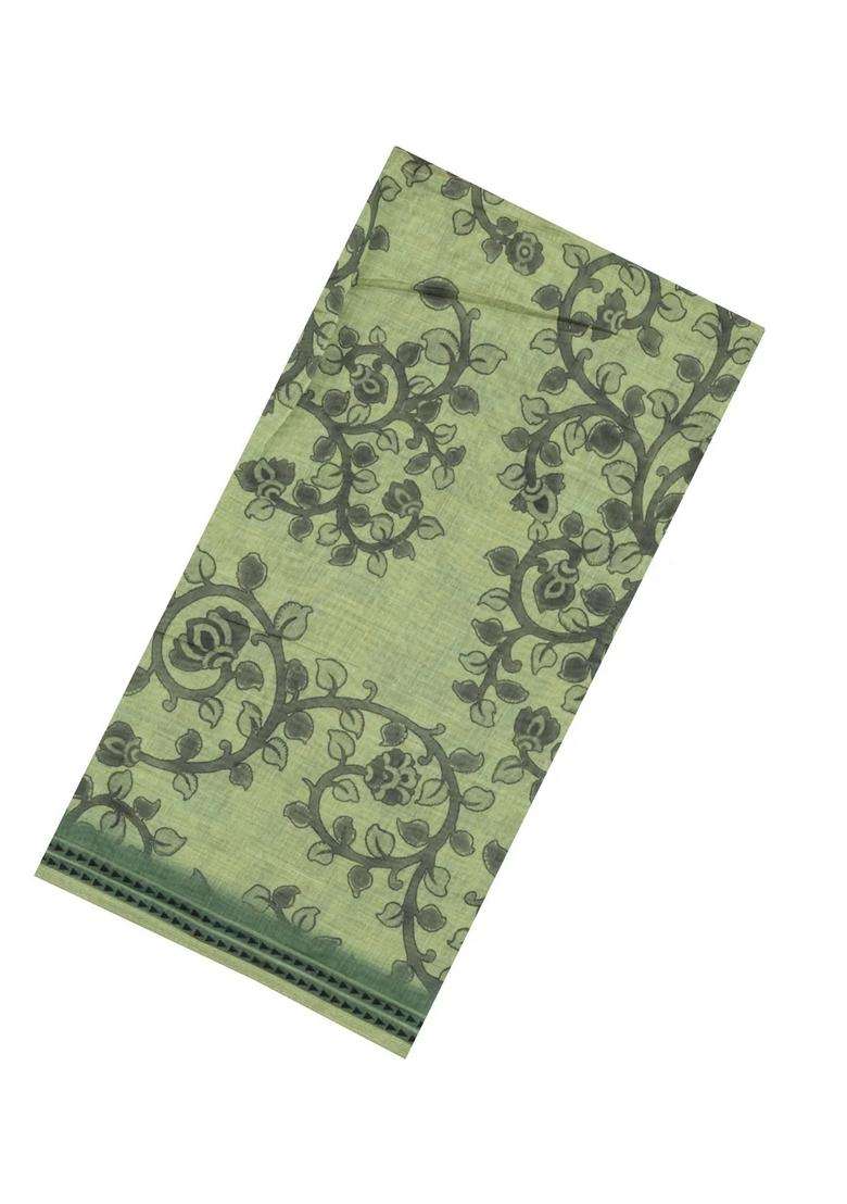 Cardamom Green Printed Art Chanderi Cotton Saree With Zari Border For Women - Indya