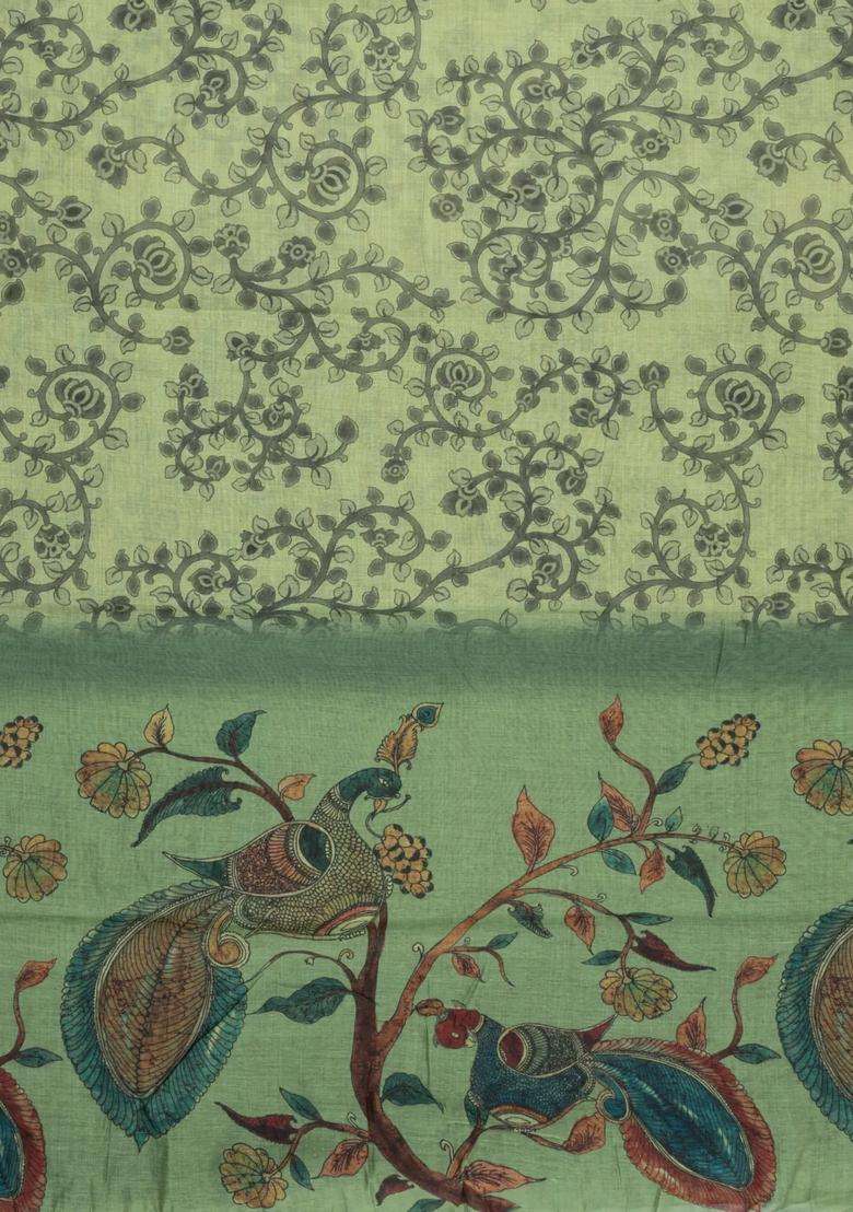Cardamom Green Printed Art Chanderi Cotton Saree With Zari Border For Women - Indya
