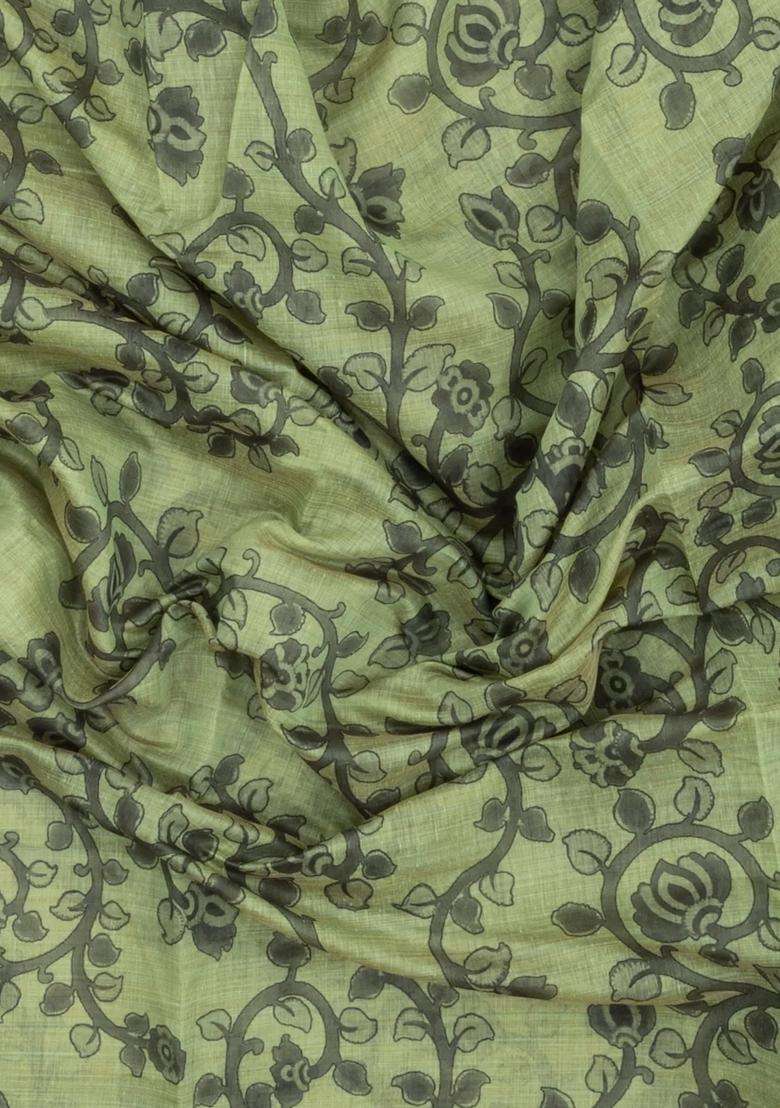 Cardamom Green Printed Art Chanderi Cotton Saree With Zari Border For Women - Indya