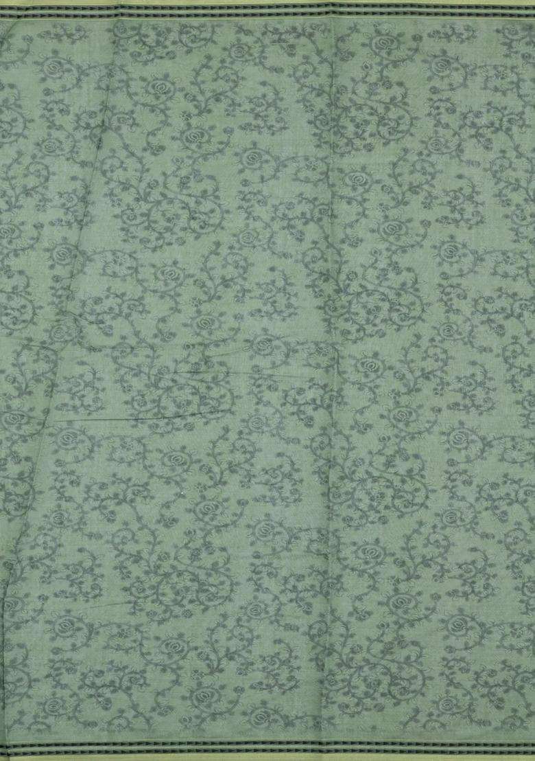 Cardamom Green Printed Art Chanderi Cotton Saree With Zari Border For Women - Indya