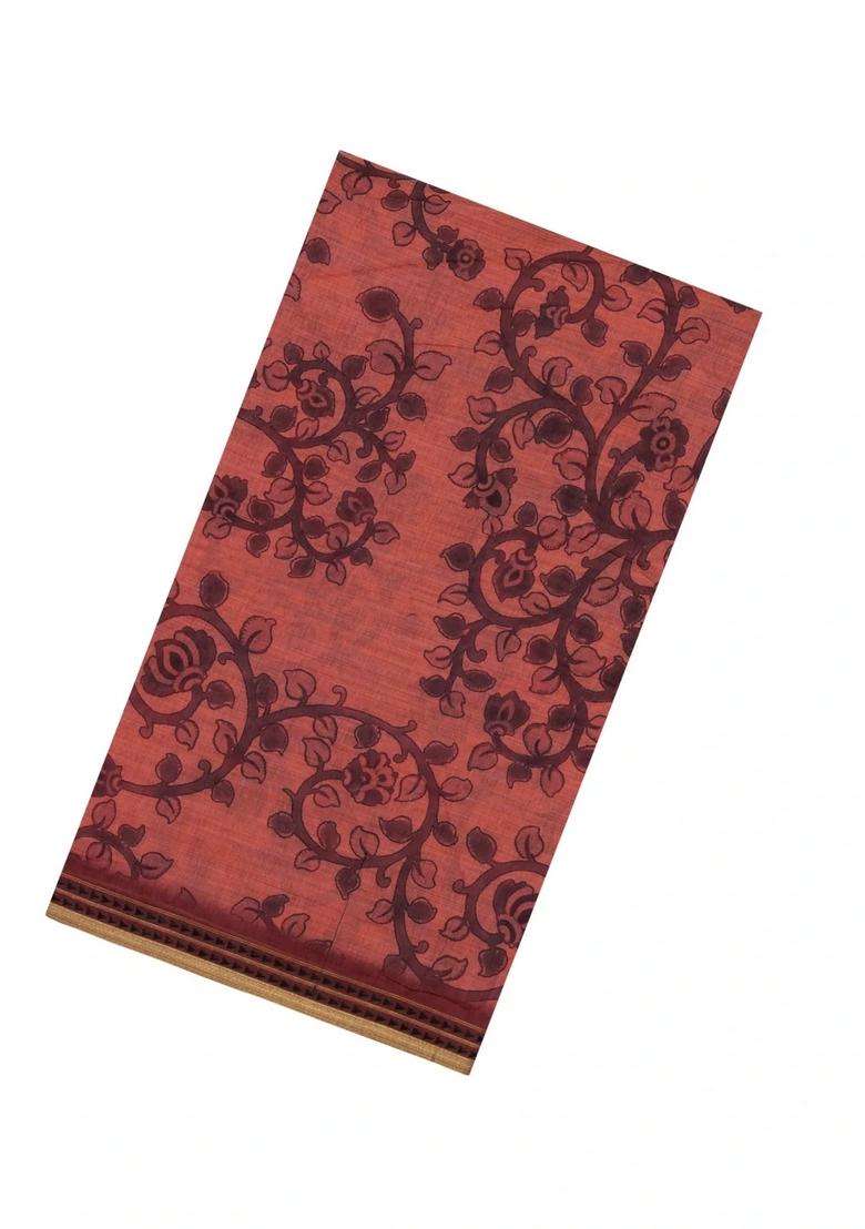 Peach Printed Art Chanderi Cotton Saree With Zari Border For Women - Indya