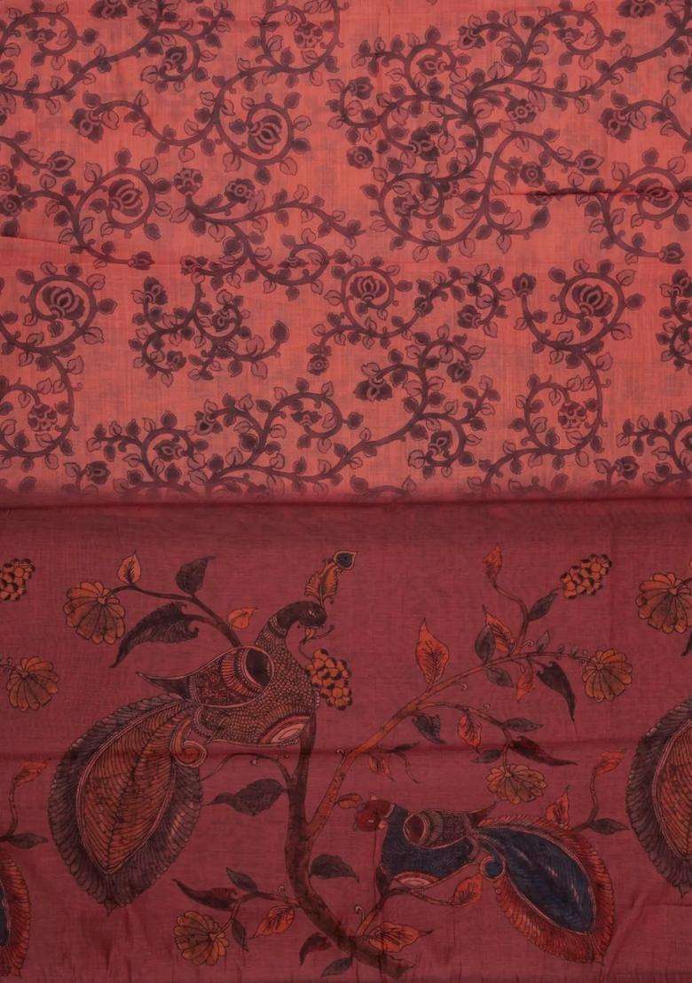 Peach Printed Art Chanderi Cotton Saree With Zari Border For Women - Indya