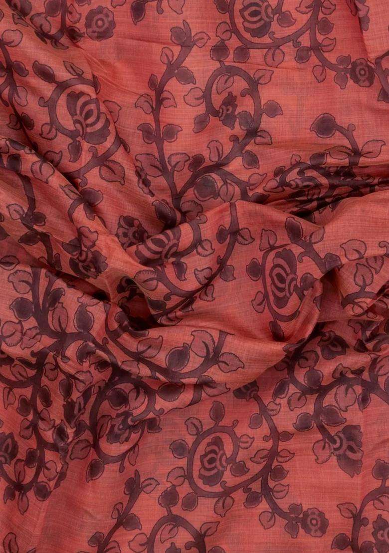 Peach Printed Art Chanderi Cotton Saree With Zari Border For Women - Indya