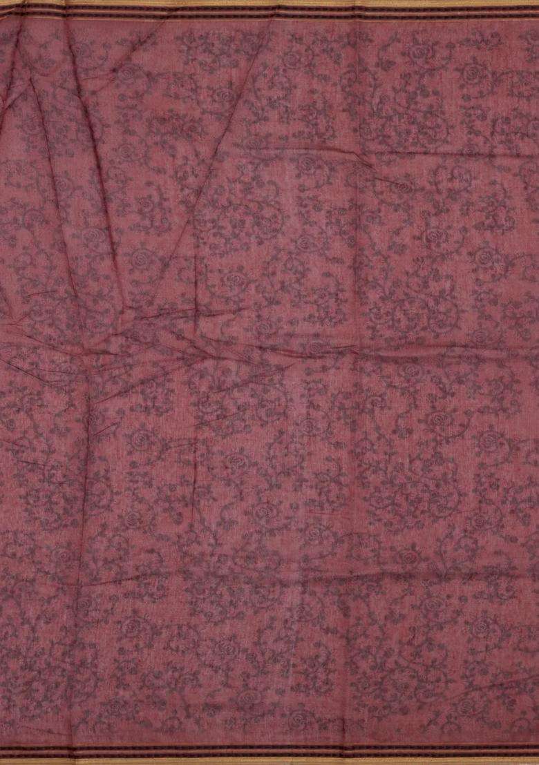 Peach Printed Art Chanderi Cotton Saree With Zari Border For Women - Indya