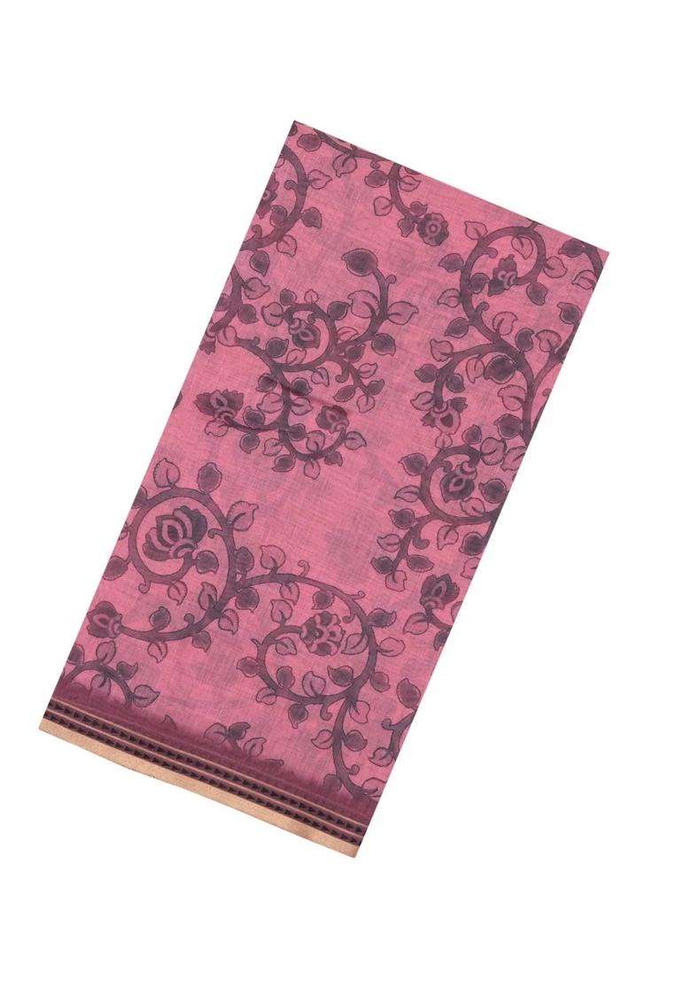 Dusty Pink Printed Art Chanderi Cotton Saree With Zari Border For Women - Indya