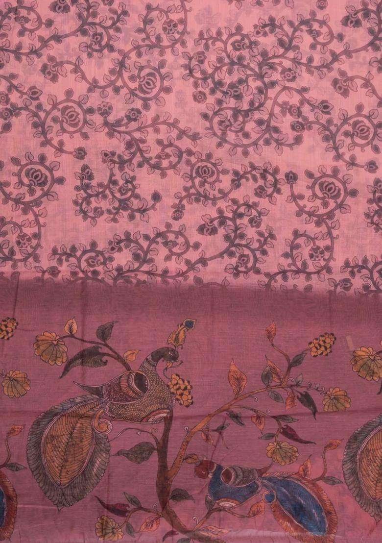 Dusty Pink Printed Art Chanderi Cotton Saree With Zari Border For Women - Indya