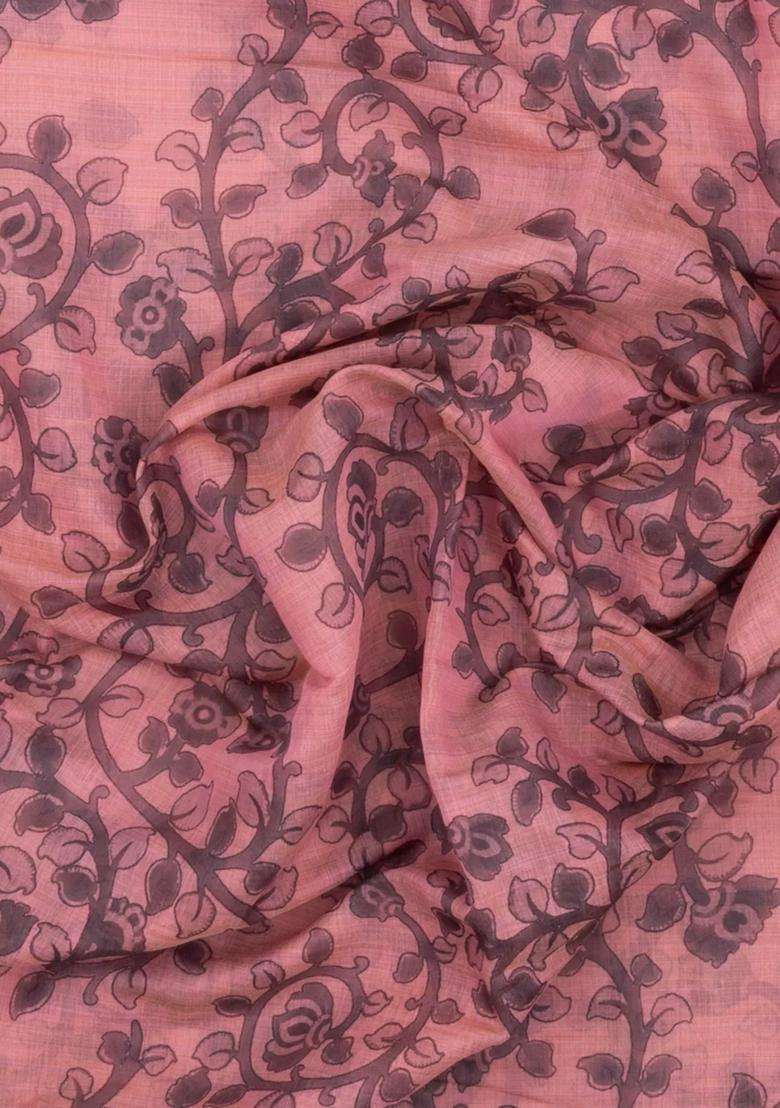 Dusty Pink Printed Art Chanderi Cotton Saree With Zari Border For Women - Indya