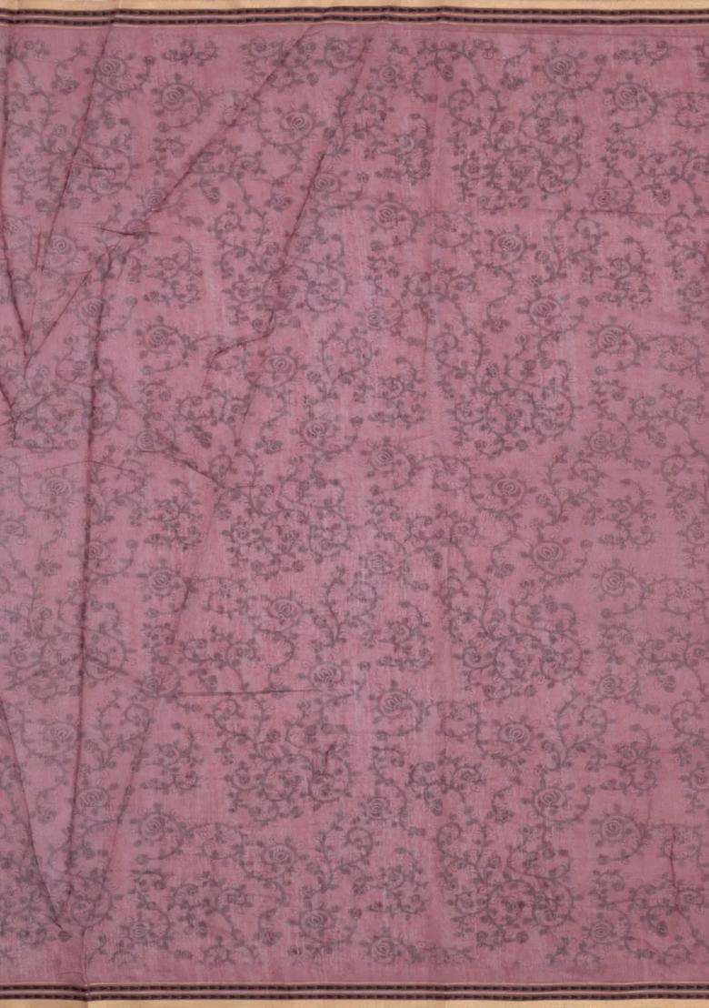 Dusty Pink Printed Art Chanderi Cotton Saree With Zari Border For Women - Indya