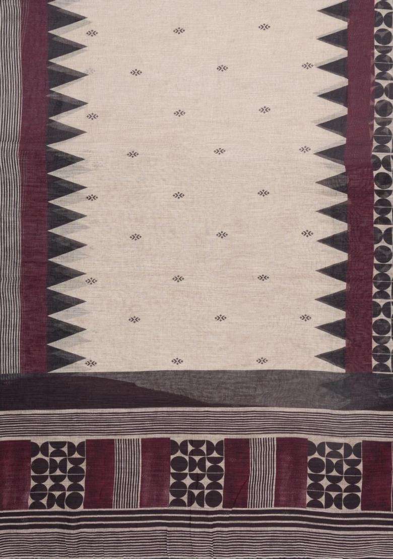 Taupe Printed Synthetic Linen Saree With Temple Border For Women - Indya