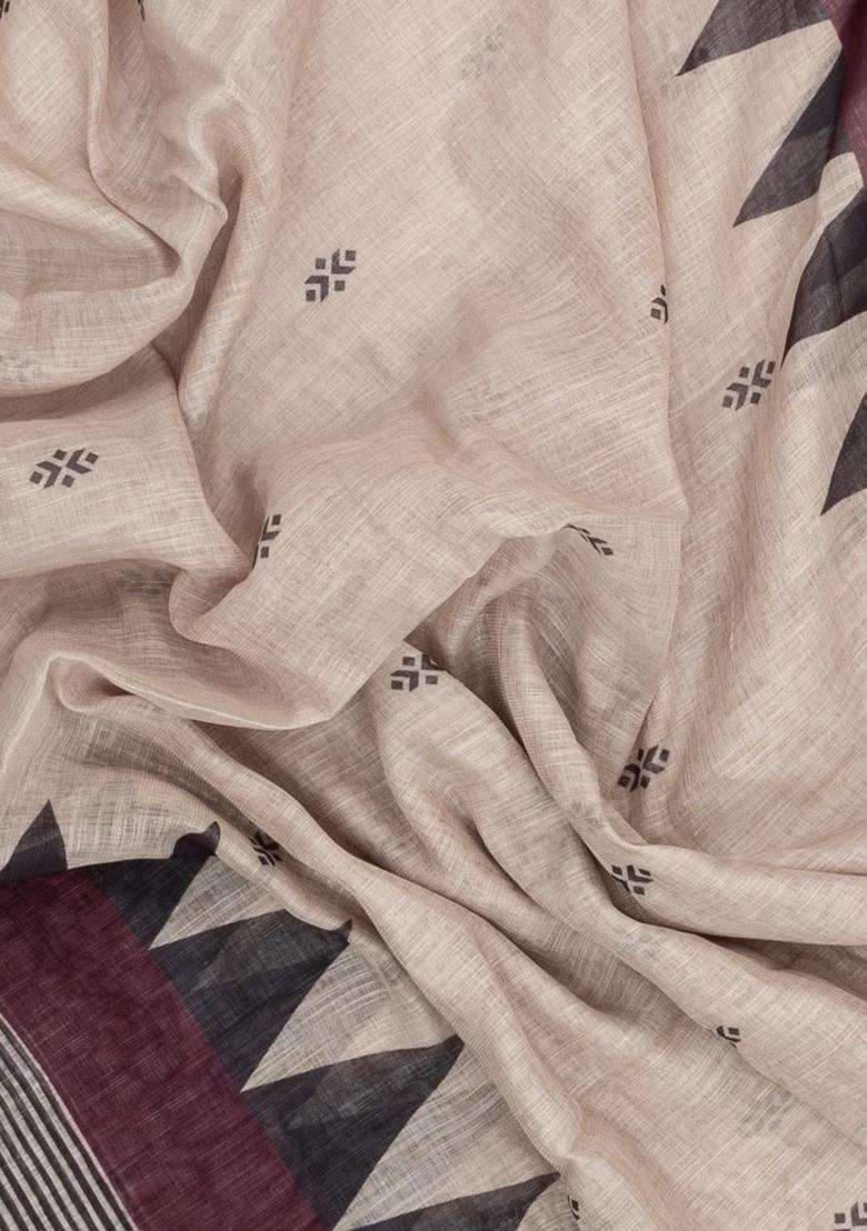 Taupe Printed Synthetic Linen Saree With Temple Border For Women - Indya