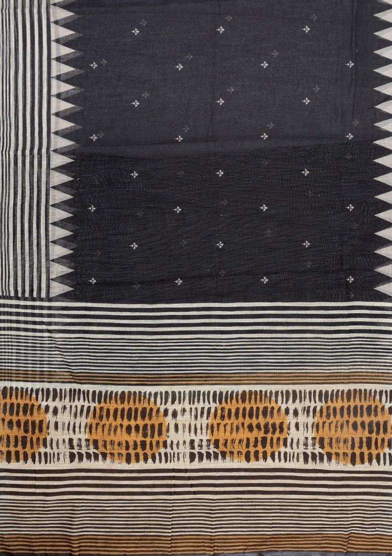 Black Printed Synthetic Linen Saree With Temple Border For Women - Indya
