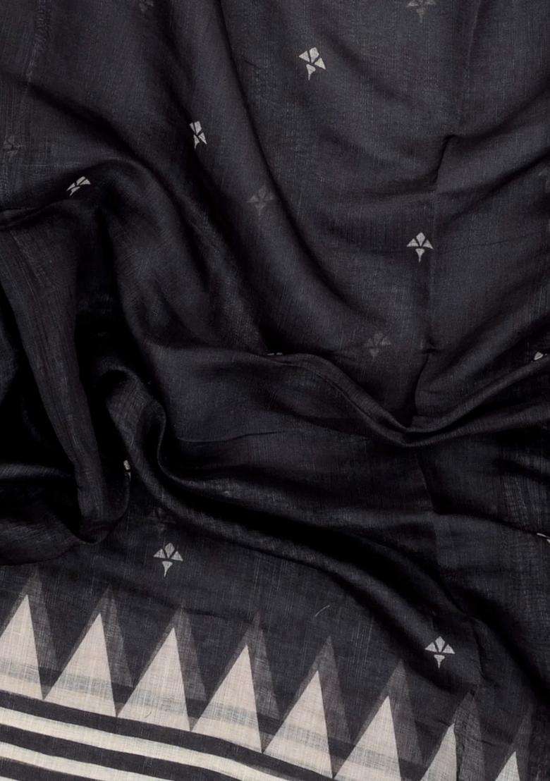 Black Printed Synthetic Linen Saree With Temple Border For Women - Indya