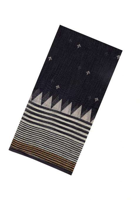 Black Printed Synthetic Linen Saree With Temple Border For Women
