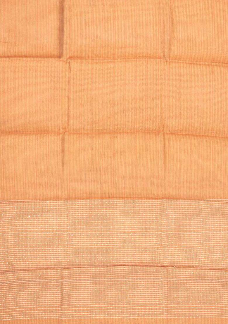 Peach Woven Tussar Silk Tissue Saree With Stripes With Checks And Stripes Design For Women - Indya