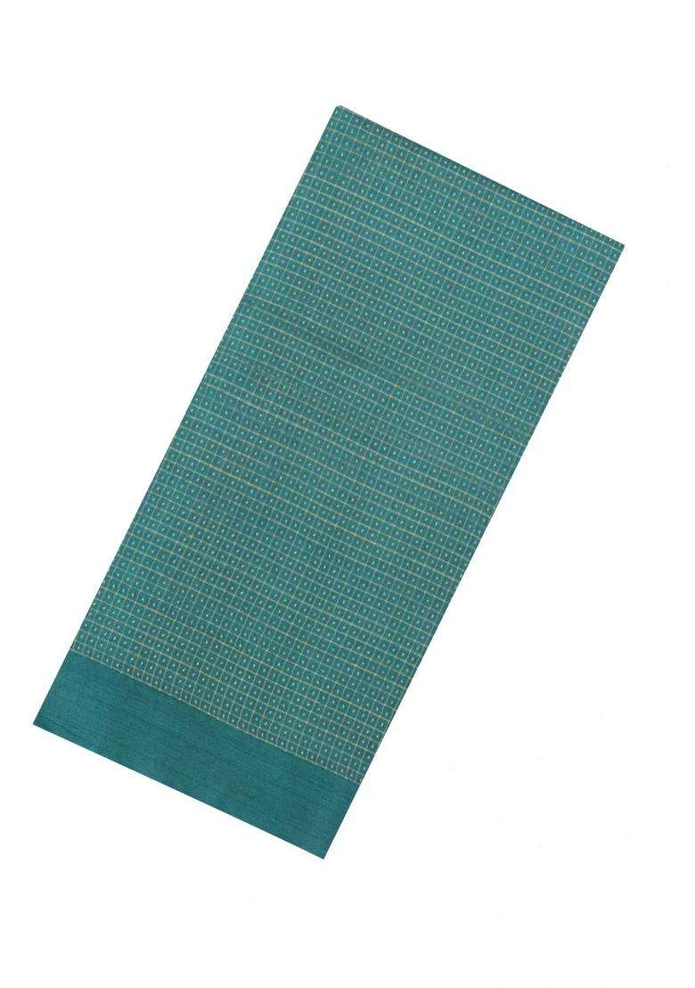 Sea Green Woven Tussar Silk Saree With Checks Dotted Motifs With Checks And Stripes Design For Women - Indya