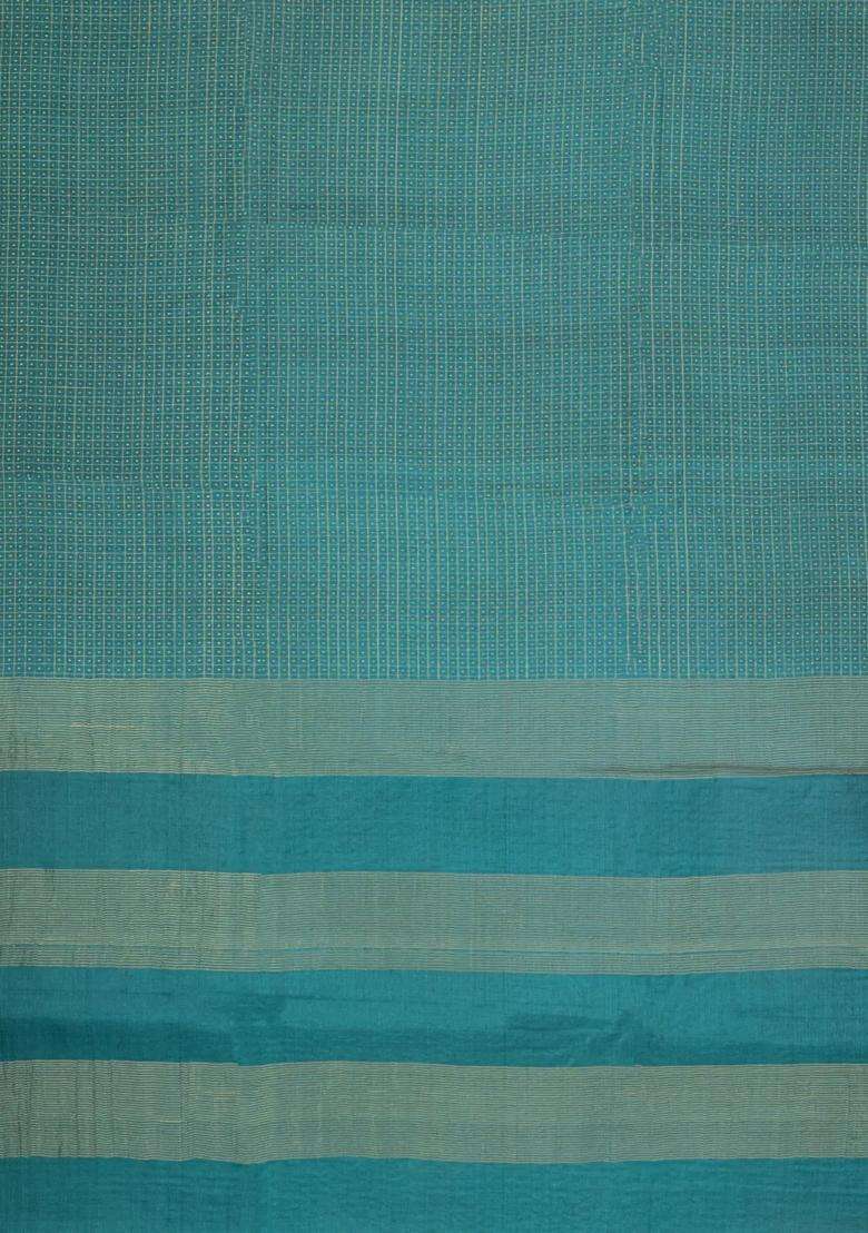 Sea Green Woven Tussar Silk Saree With Checks Dotted Motifs With Checks And Stripes Design For Women - Indya