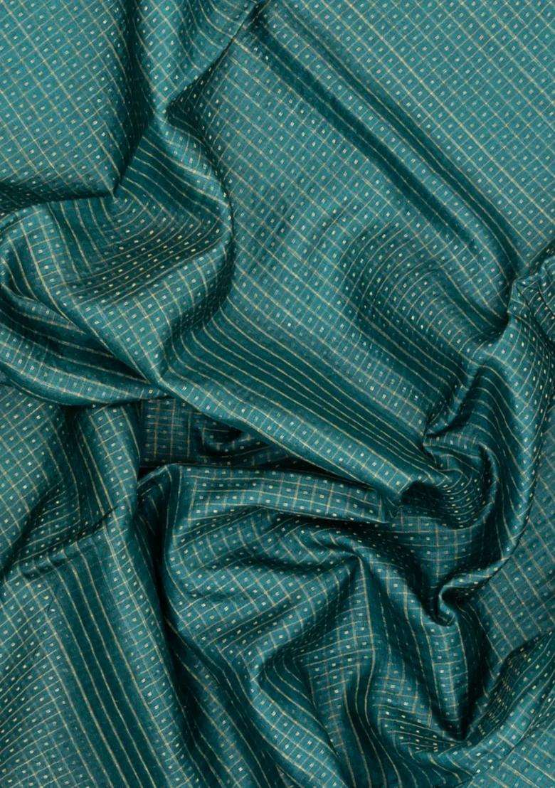 Sea Green Woven Tussar Silk Saree With Checks Dotted Motifs With Checks And Stripes Design For Women - Indya