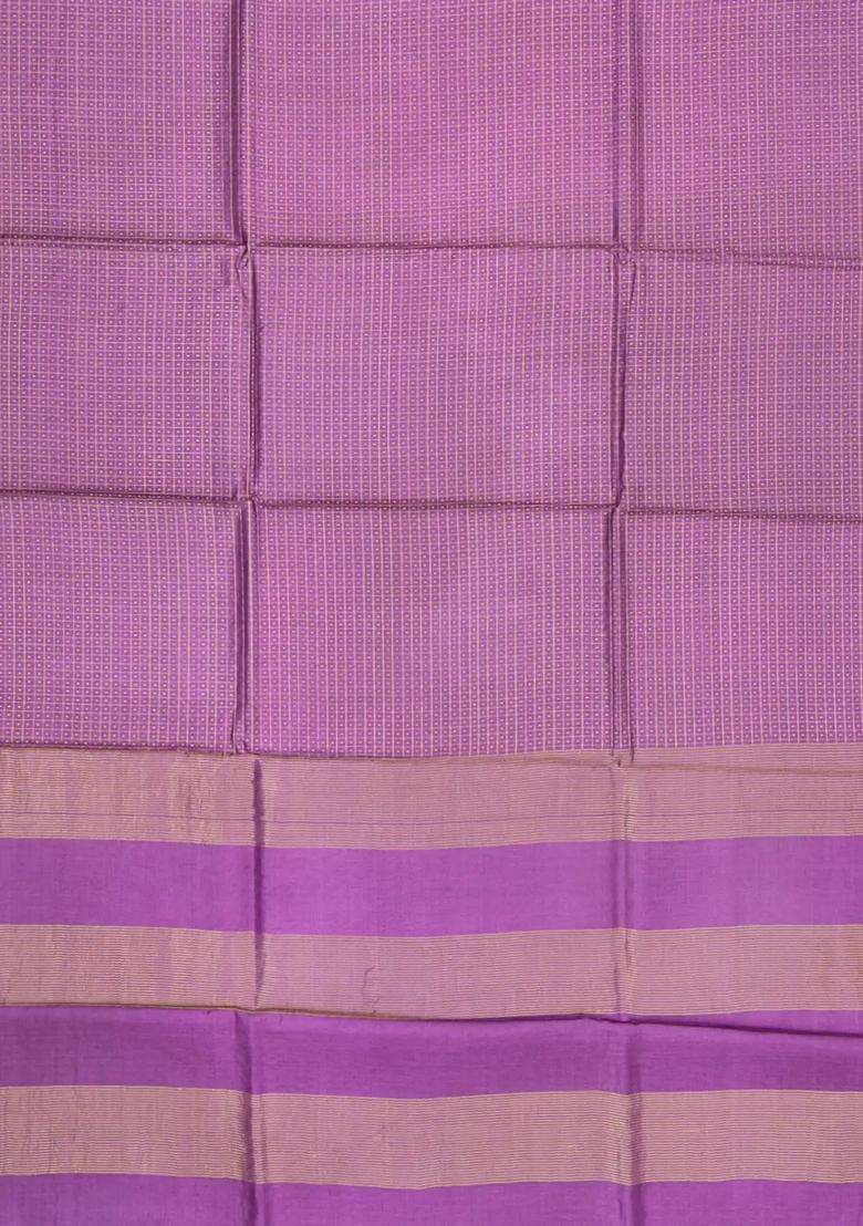 Magenta Woven Tussar Silk Saree With Checks Dotted Motifs With Checks And Stripes Design For Women - Indya