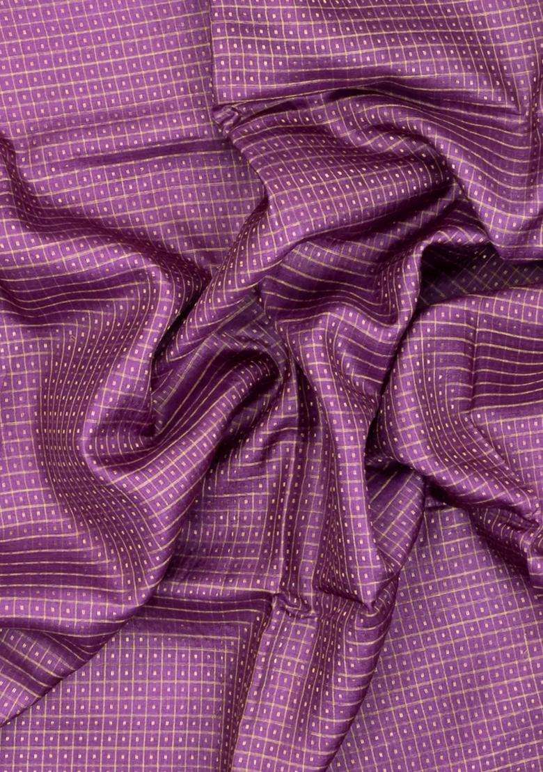 Magenta Woven Tussar Silk Saree With Checks Dotted Motifs With Checks And Stripes Design For Women - Indya