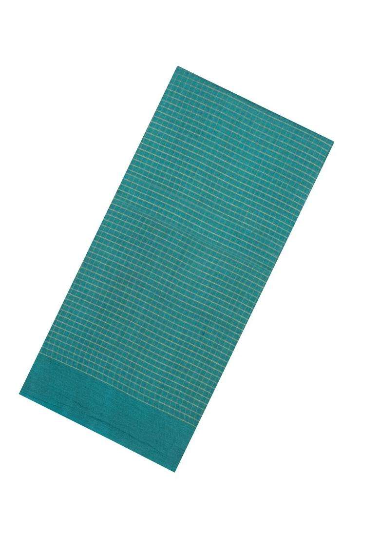 Cyan Woven Tussar Silk Saree With Checks Dotted Motifs With Checks And Stripes Design For Women - Indya