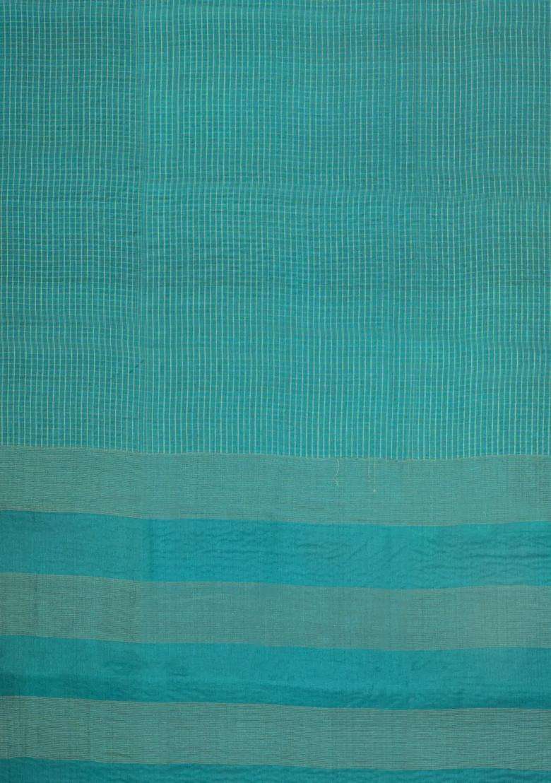 Cyan Woven Tussar Silk Saree With Checks Dotted Motifs With Checks And Stripes Design For Women - Indya
