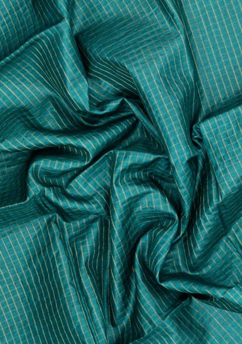 Cyan Woven Tussar Silk Saree With Checks Dotted Motifs With Checks And Stripes Design For Women - Indya