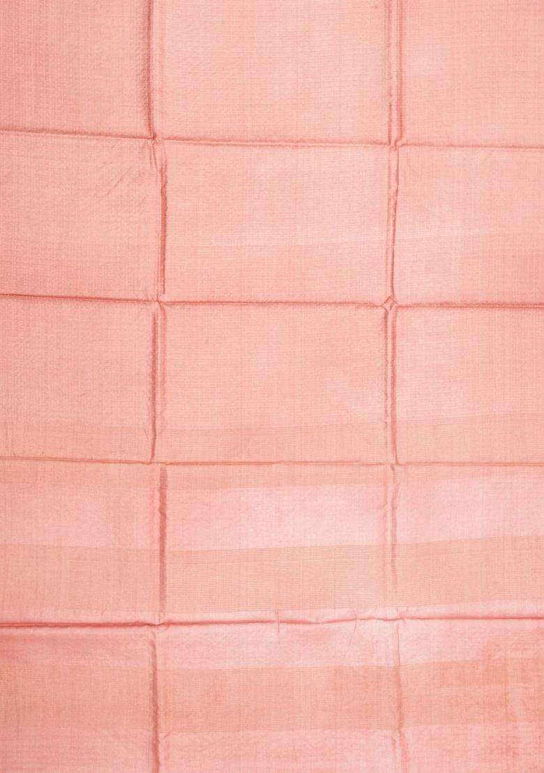Peach Woven Tussar Silk Saree With Checks Dotted Motifs With Checks And Stripes Design For Women - Indya