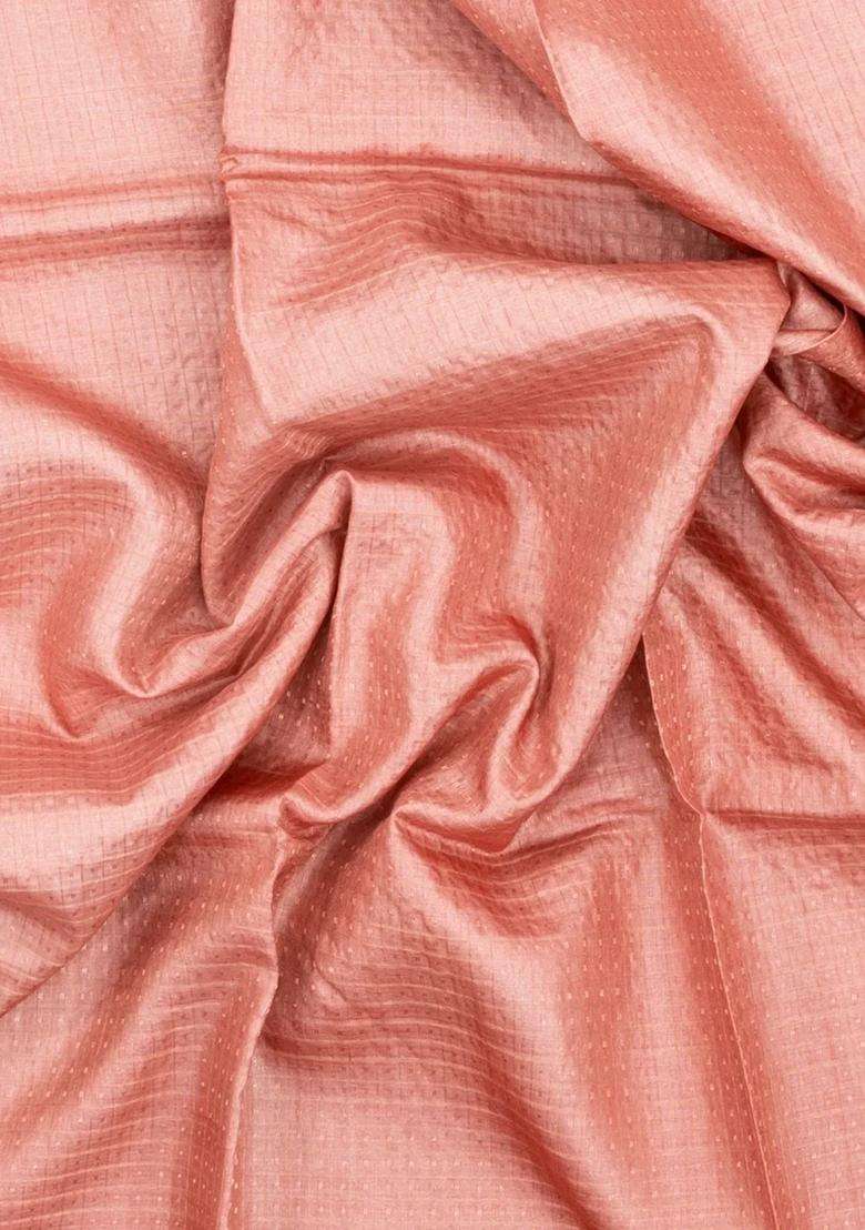 Peach Woven Tussar Silk Saree With Checks Dotted Motifs With Checks And Stripes Design For Women - Indya