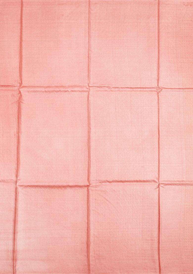Peach Woven Tussar Silk Saree With Checks Dotted Motifs With Checks And Stripes Design For Women - Indya