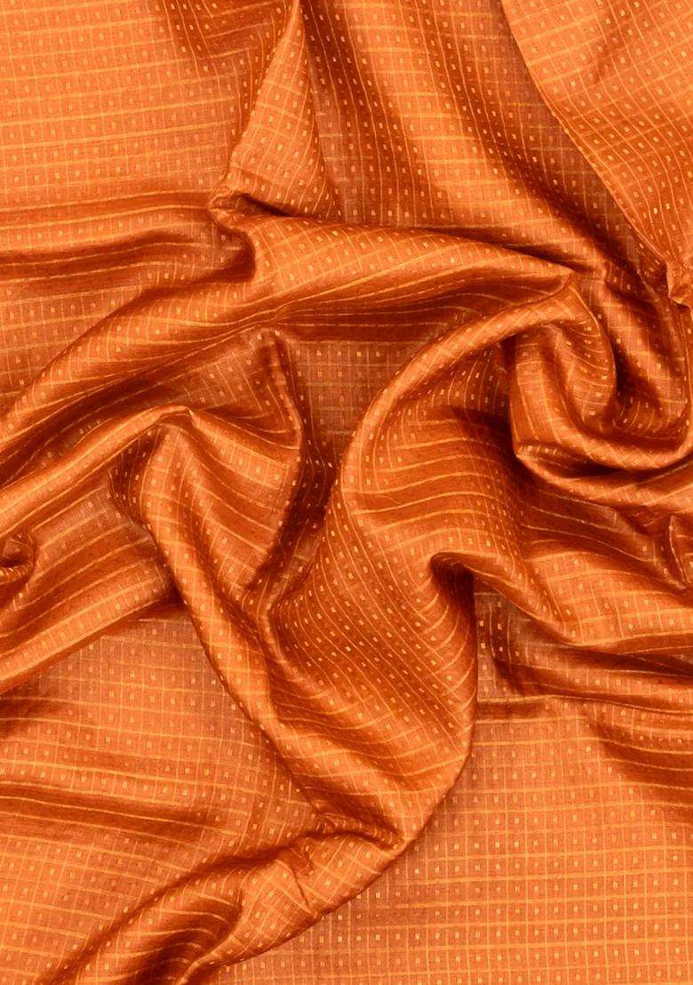 Orange Woven Tussar Silk Saree With Checks Dotted Motifs With Checks And Stripes Design For Women - Indya