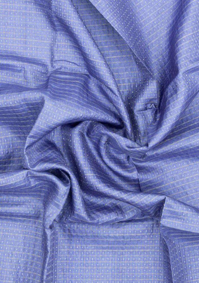 Steel Blue Woven Tussar Silk Saree With Checks Dotted Motifs With Checks And Stripes Design For Women - Indya