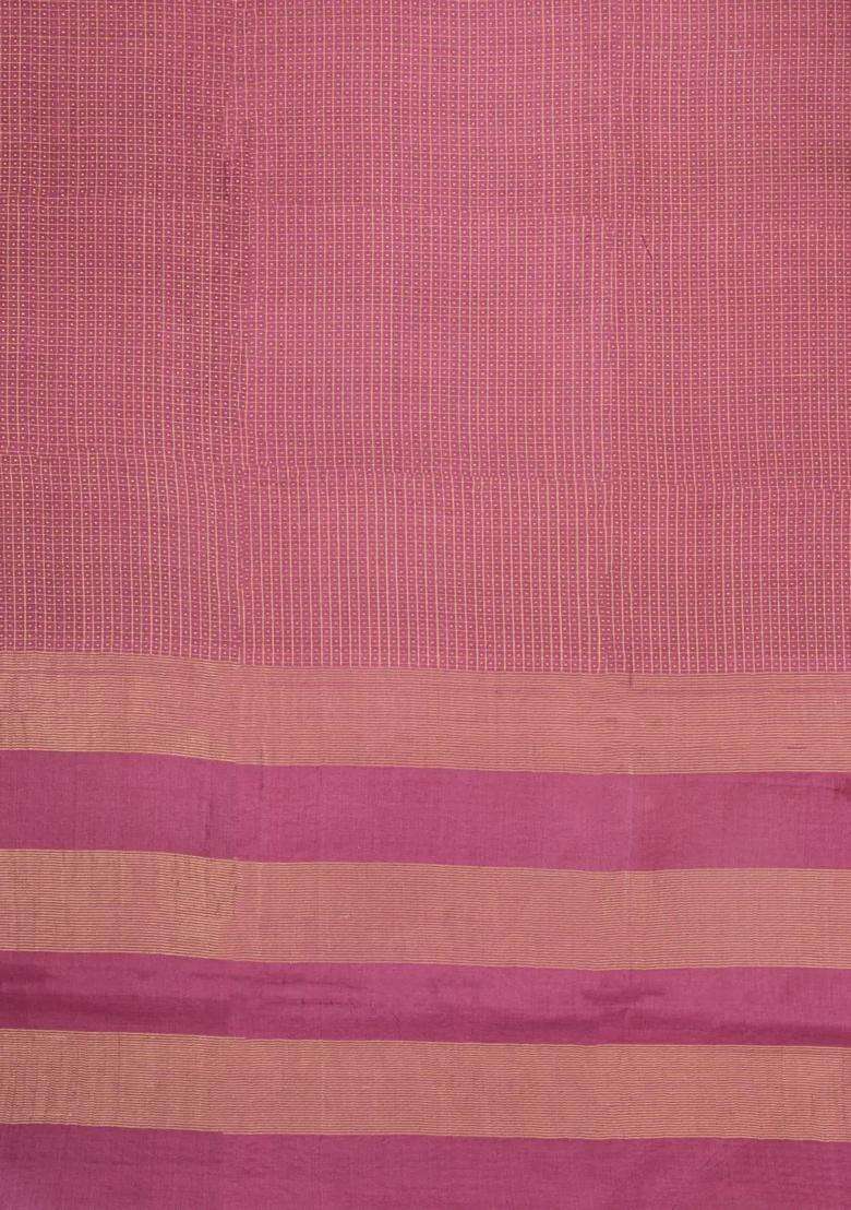 Dusty Pink Woven Tussar Silk Saree With Checks Dotted Motifs With Checks And Stripes Design For Women - Indya