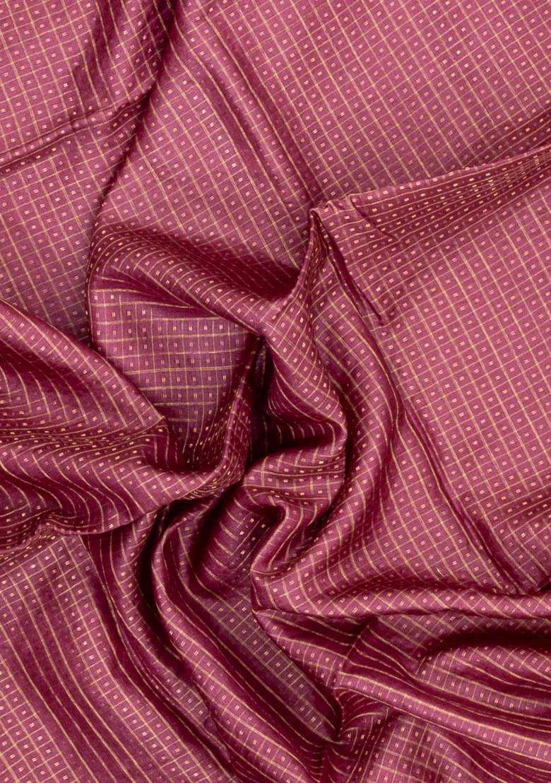 Dusty Pink Woven Tussar Silk Saree With Checks Dotted Motifs With Checks And Stripes Design For Women - Indya
