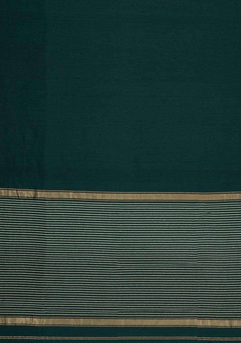 Bottle Green Handloom Maheswari Silk Cotton Saree With Zari Border With Traditional Woven Design For Women - Indya