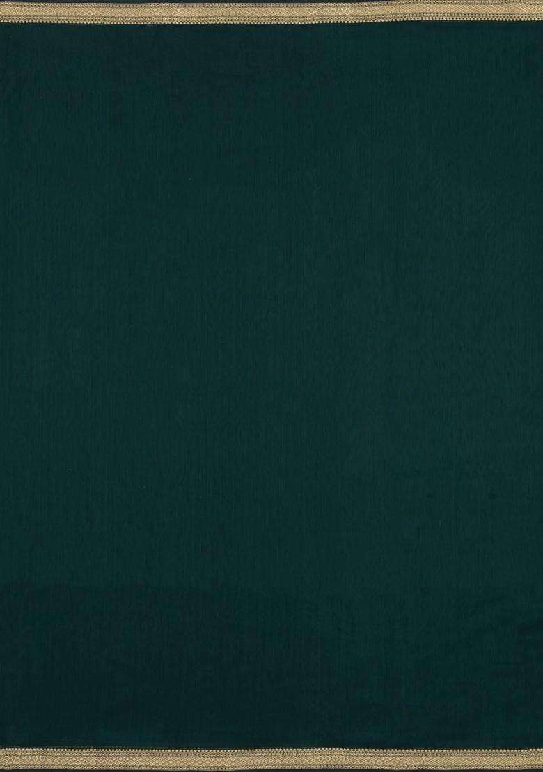Bottle Green Handloom Maheswari Silk Cotton Saree With Zari Border With Traditional Woven Design For Women - Indya