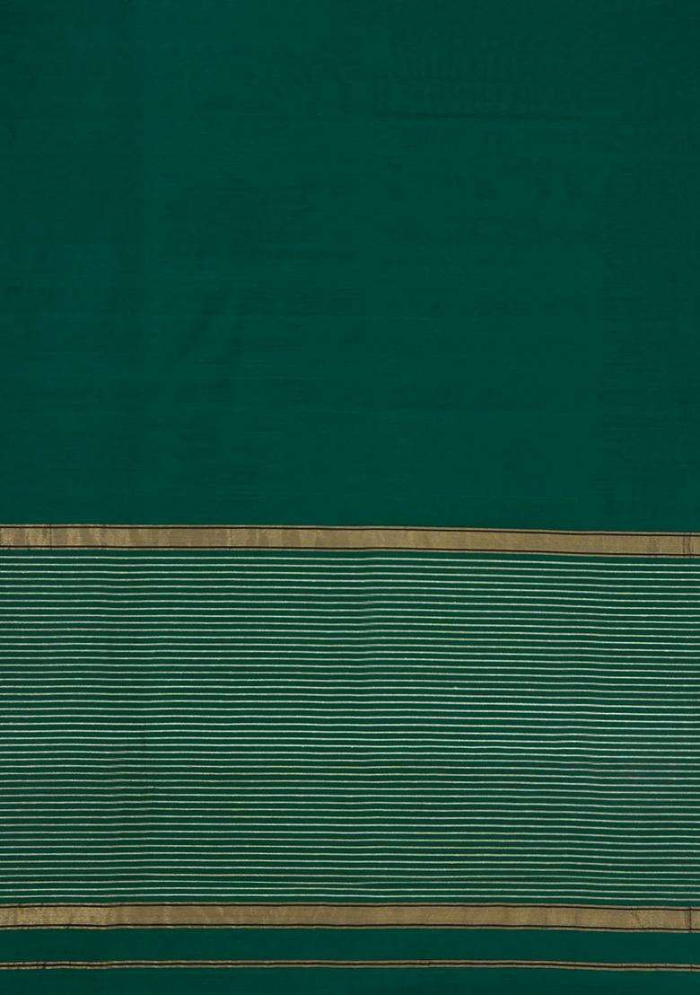 Dark Green Handloom Maheswari Silk Cotton Saree With Zari Border With Traditional Woven Design For Women - Indya
