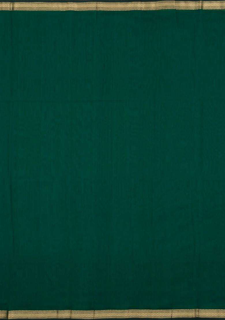 Dark Green Handloom Maheswari Silk Cotton Saree With Zari Border With Traditional Woven Design For Women - Indya