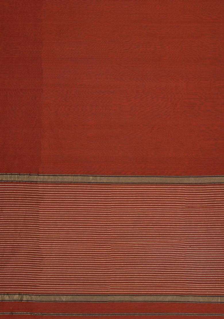 Rust Handloom Maheswari Silk Cotton Saree With Zari Border With Traditional Woven Design For Women - Indya