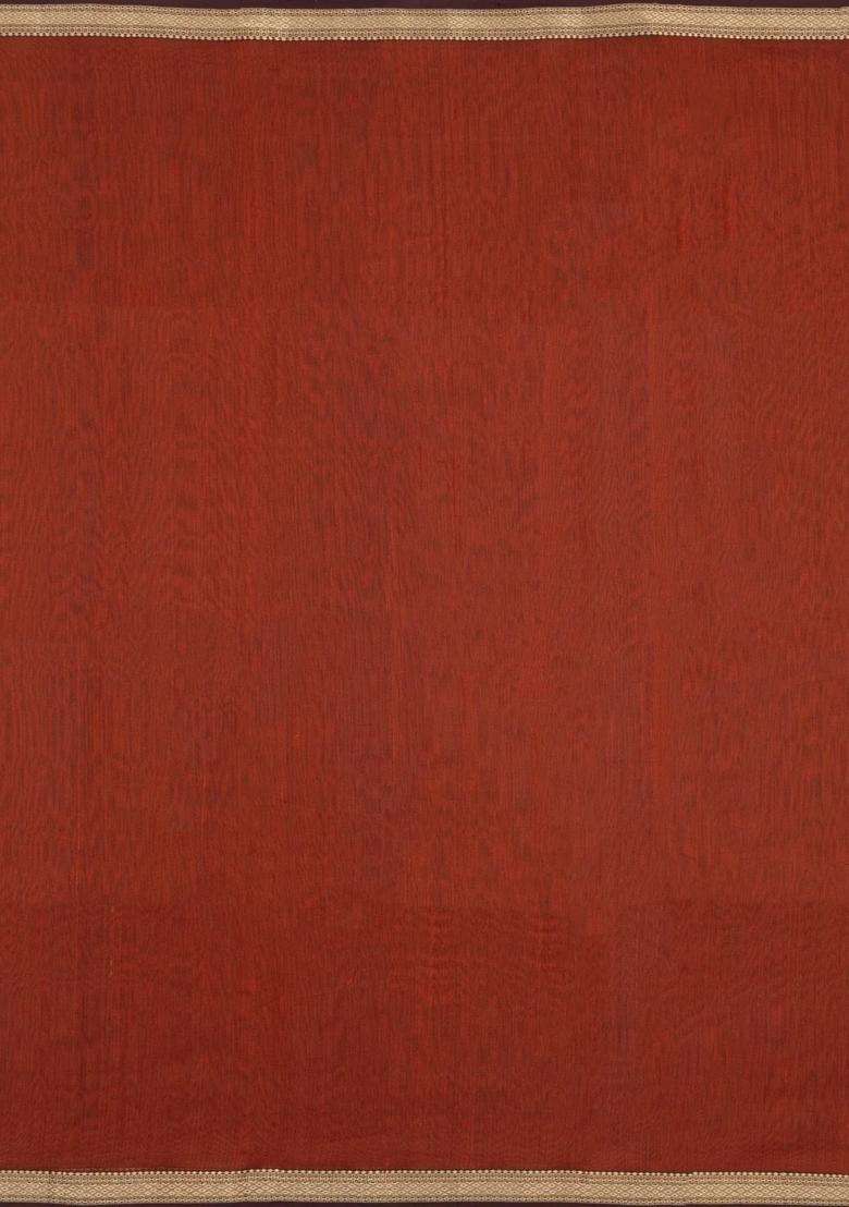 Rust Handloom Maheswari Silk Cotton Saree With Zari Border With Traditional Woven Design For Women - Indya