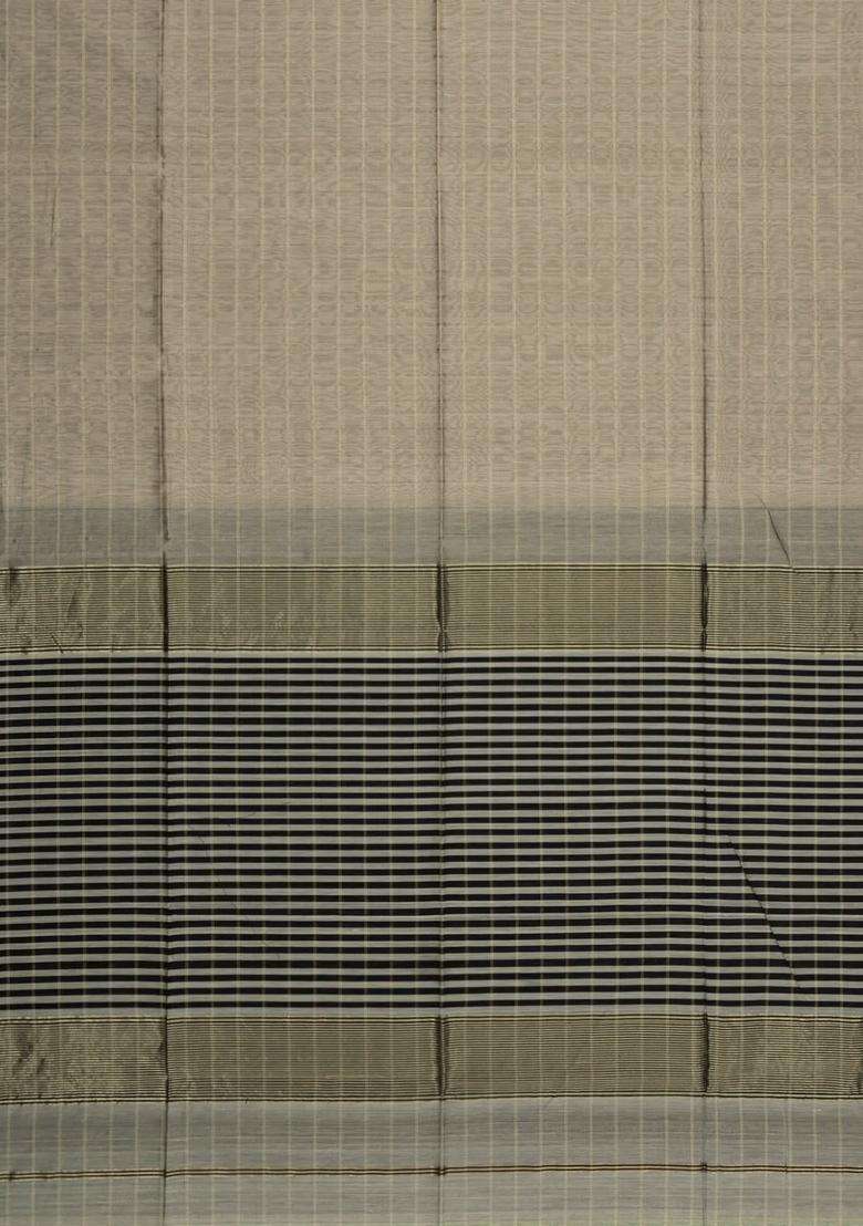 Grey Handloom Maheswari Silk Cotton Saree With Checks Zari Border With Checks And Stripes Design For Women - Indya