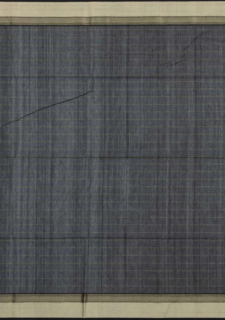Grey Handloom Maheswari Silk Cotton Saree With Checks Zari Border With Checks And Stripes Design For Women - Indya
