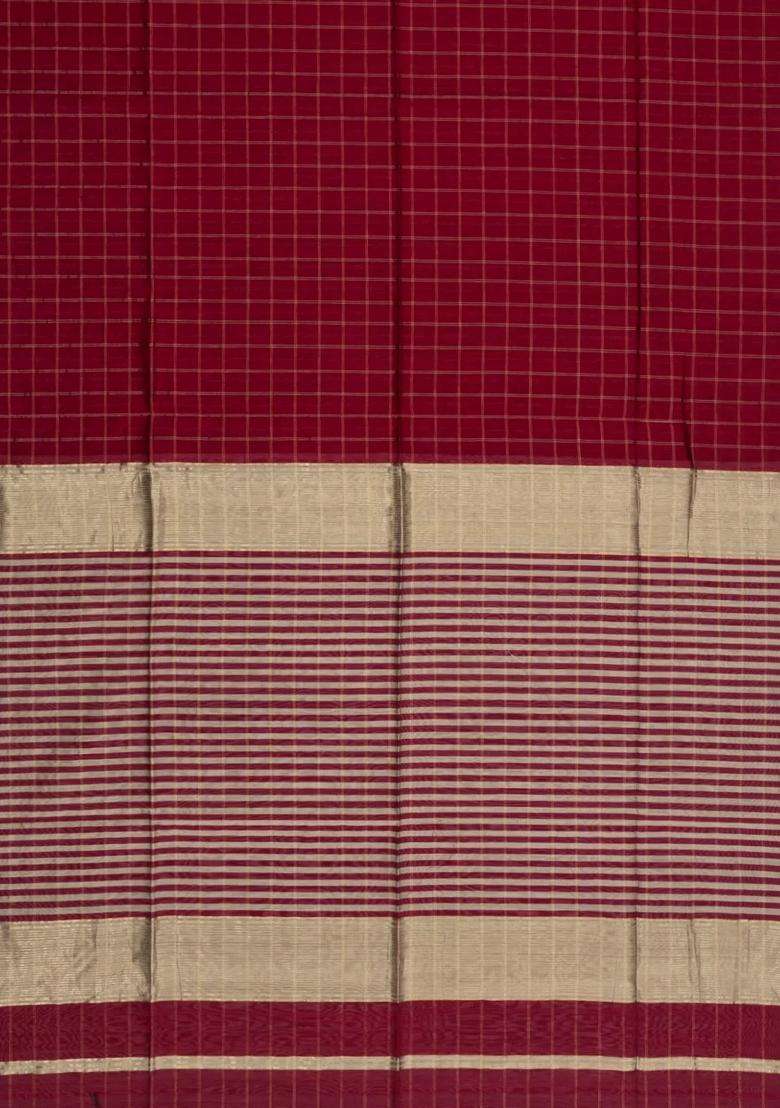 Maroon Handloom Maheswari Silk Cotton Saree With Checks Zari Border With Checks And Stripes Design For Women - Indya