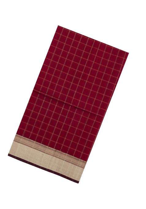 Maroon Handloom Maheswari Silk Cotton Saree With Checks Zari Border With Checks And Stripes Design For Women
