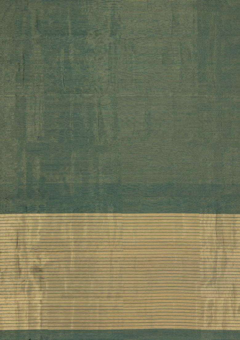 Dark Green Handloom Maheswari Silk Cotton Saree With Zari Stripes With Checks And Stripes Design For Women - Indya