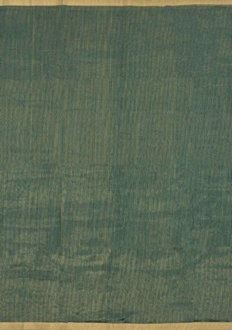 Dark Green Handloom Maheswari Silk Cotton Saree With Zari Stripes With Checks And Stripes Design For Women - Indya