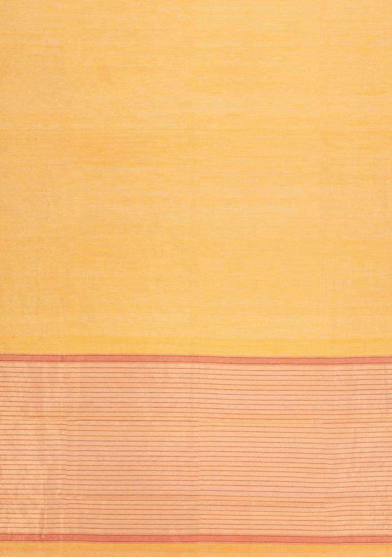 Yellow Handloom Maheswari Silk Cotton Saree With Zari Stripes With Checks And Stripes Design For Women - Indya