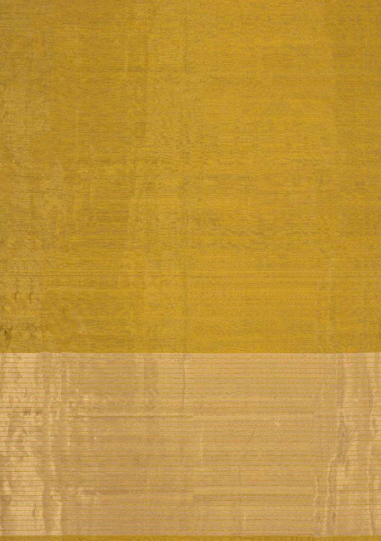 Mustard Handloom Maheswari Silk Cotton Saree With Zari Stripes With Checks And Stripes Design For Women - Indya