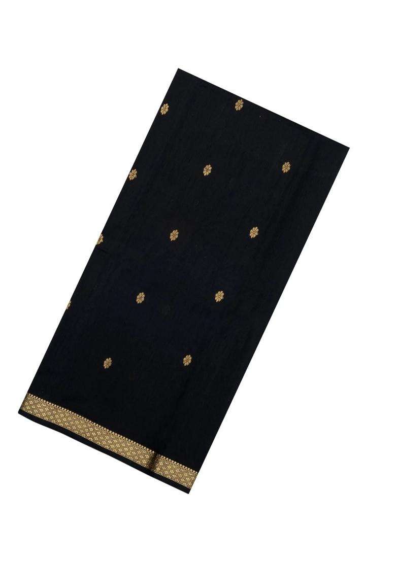 Black Handloom Maheswari Silk Cotton Saree With Floral Buttas Zari Border With Buttas And Brocade Design For Women - Indya